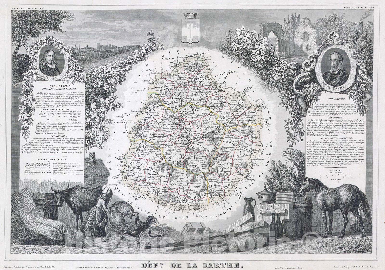 Historic Map : Levasseur Map of Sarthe, France, 1847, Vintage Wall Art