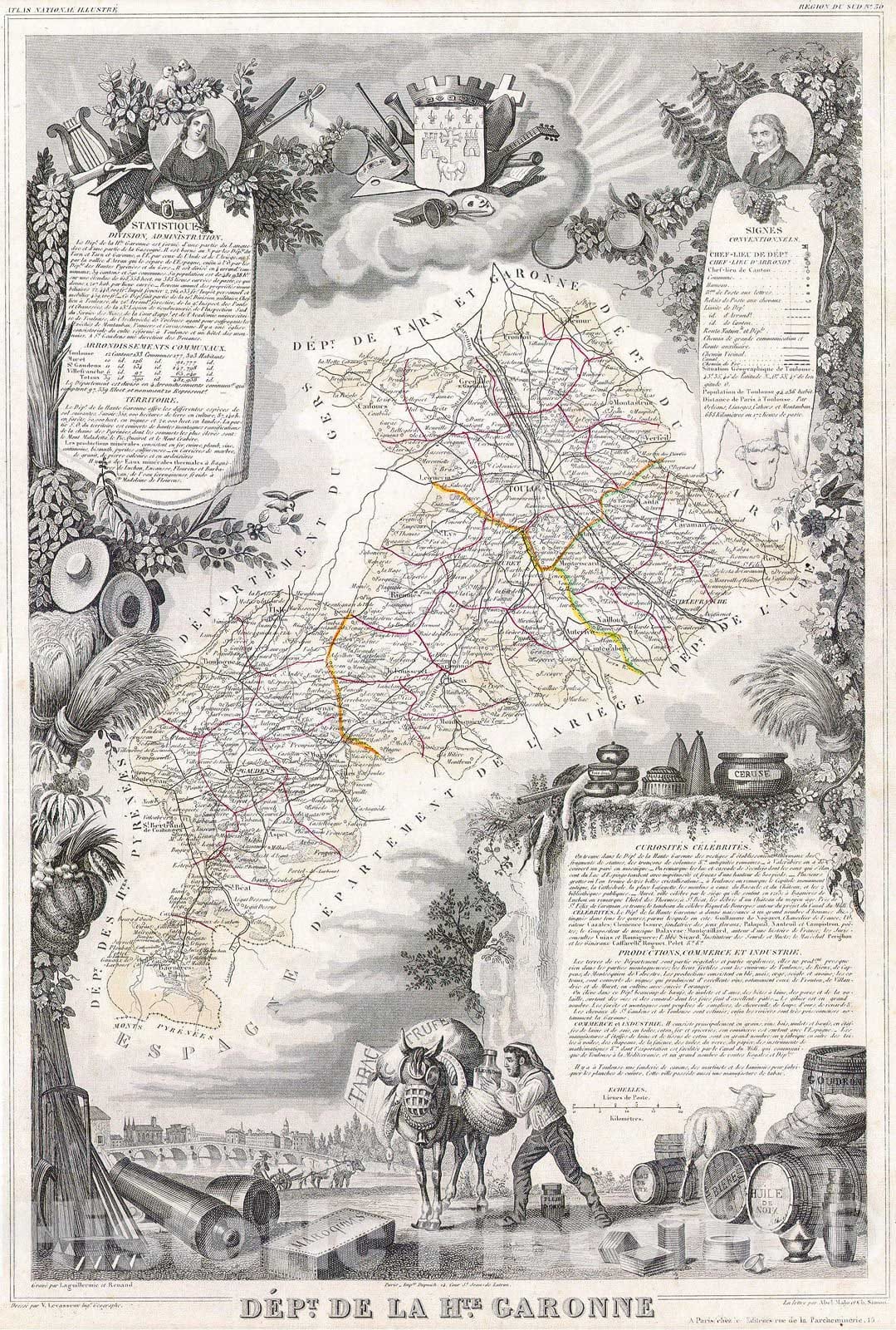 Historic Map : Levasseur Map of The Dept. de la Haute Garonne, France, 1847, Vintage Wall Art