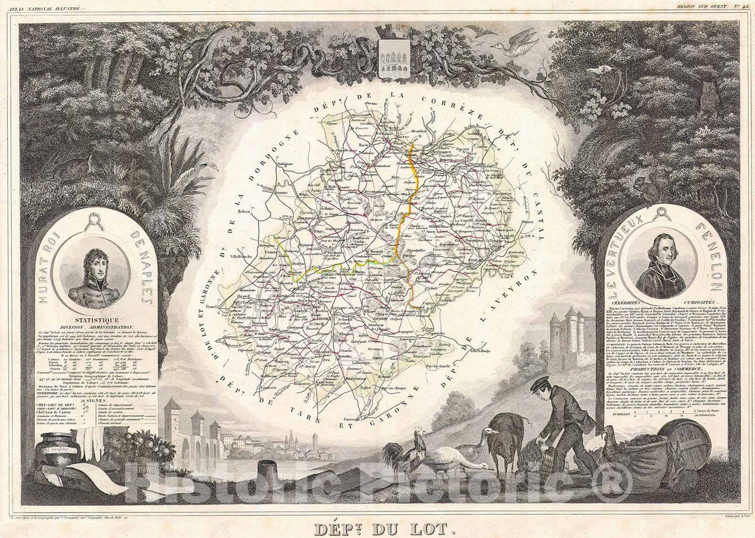 Historic Map : Levasseur Map of The Dept. Du Lot, France, 1847, Vintage Wall Art