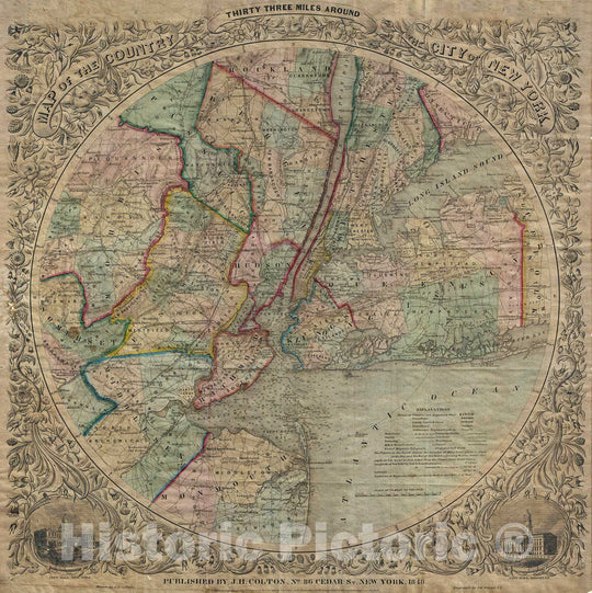 Historic Map : Colton Map of New York City and Vicinity (33 Miles Around) , Version 2, 1848, Vintage Wall Art