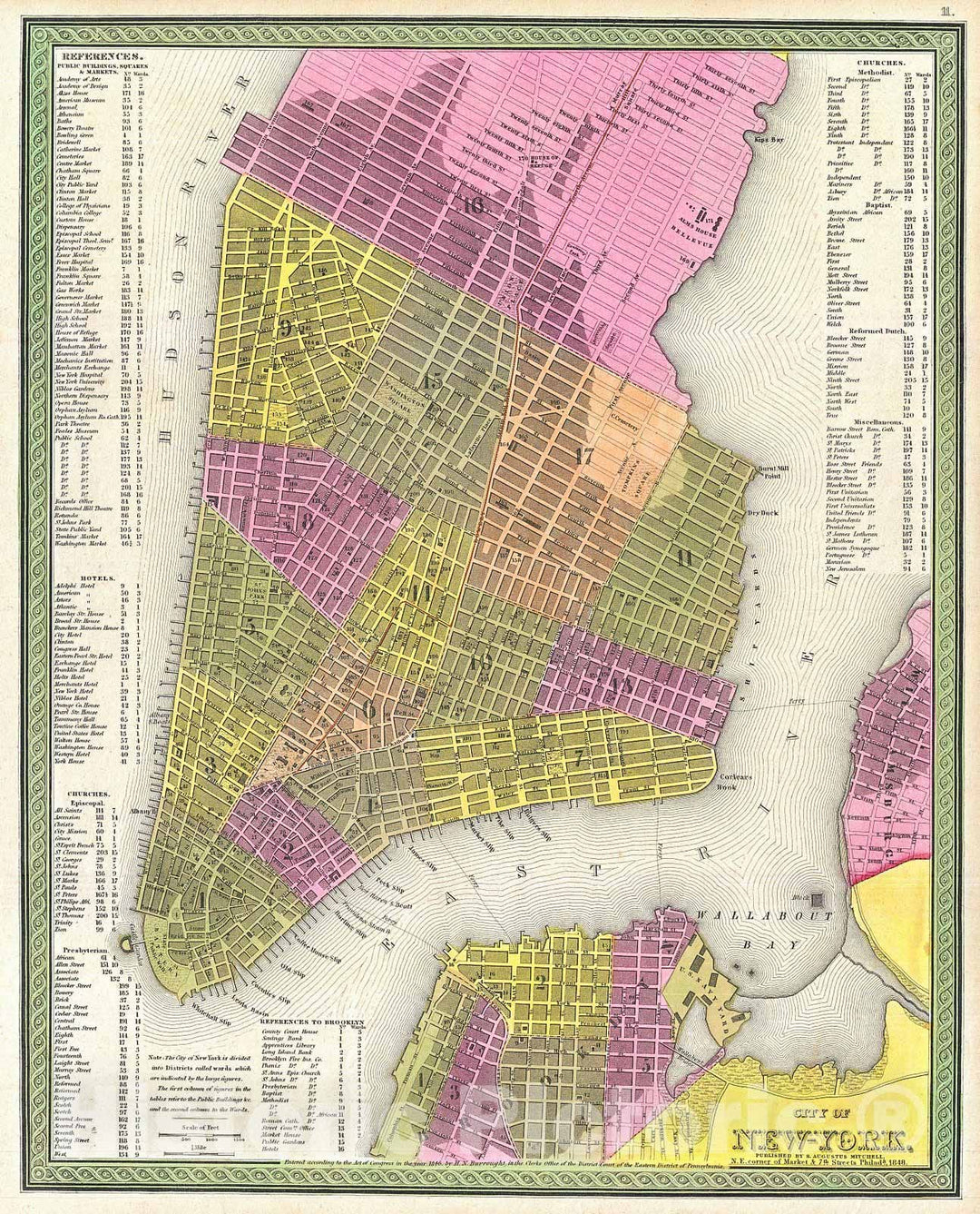 Historic Map : Mitchell Map of New York City, 1848, Vintage Wall Art