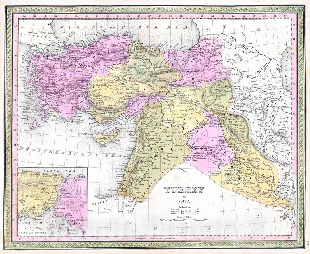 Historic Map : Mitchell Map of Turkey (Iraq, Syria, Palestine) , 1849, Vintage Wall Art