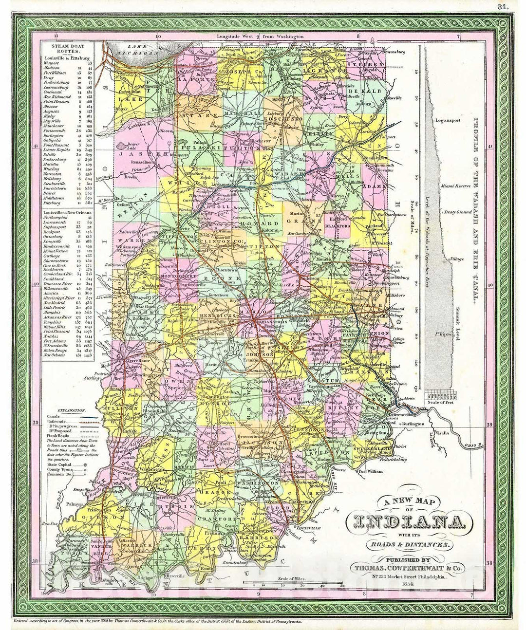 Historic Map : Cowperthwait, Mitchell Map of Indiana , 1850, Vintage Wall Art