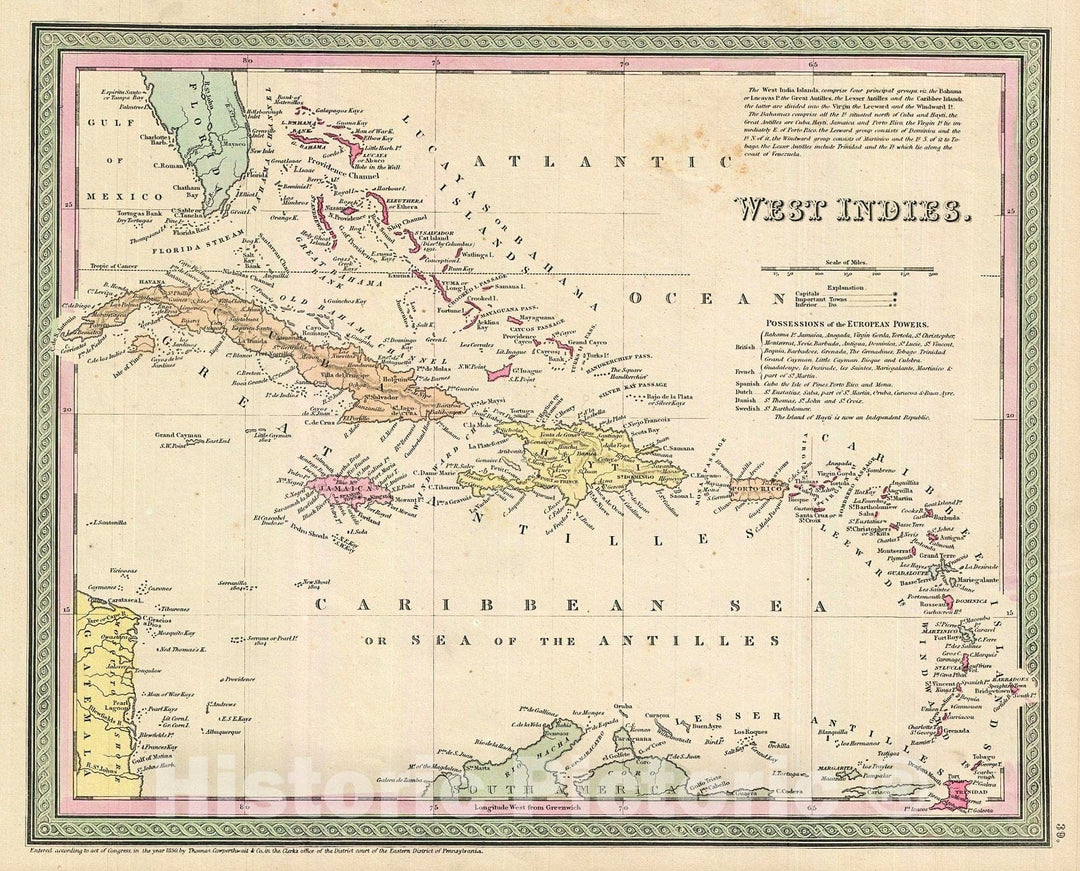 Historic Map : Cowperthwait Map of Cuba and West Indies , 1850, Vintage Wall Art