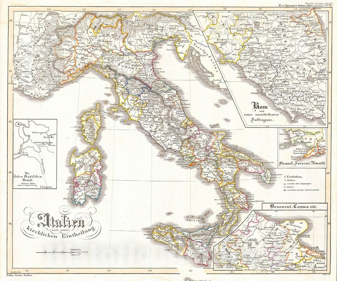 Historic Map : Justus Perthes Map of Italy , 1850, Vintage Wall Art