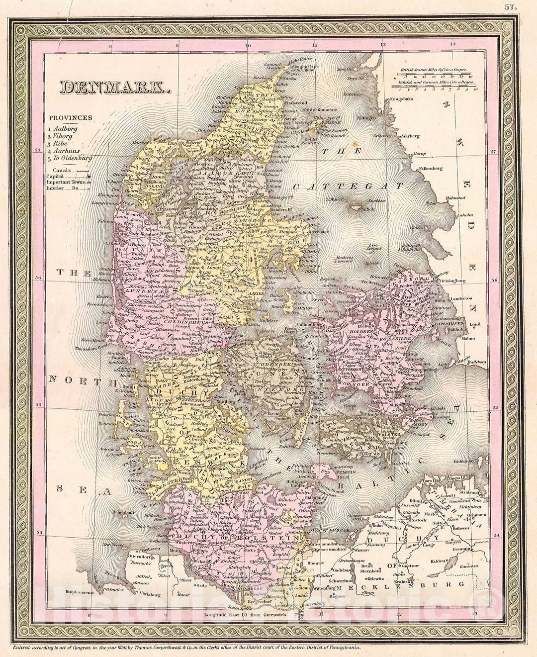 Historic Map : Mitchell, Cowperthwait Map of Denmark, 1850, Vintage Wall Art