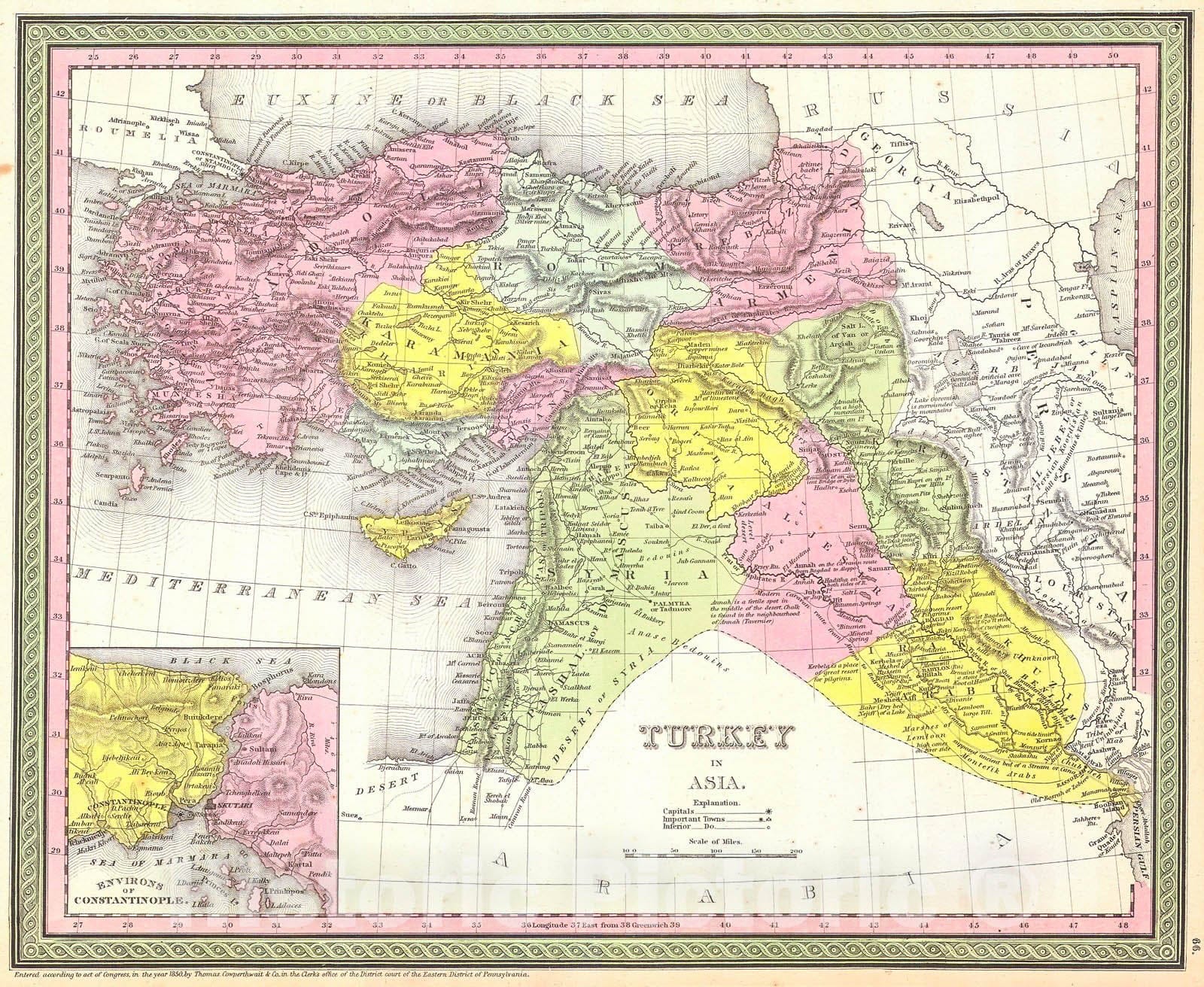 Historic Map : Mitchell, Mitchell Map of Turkey in Asia , 1850, Vintage Wall Art