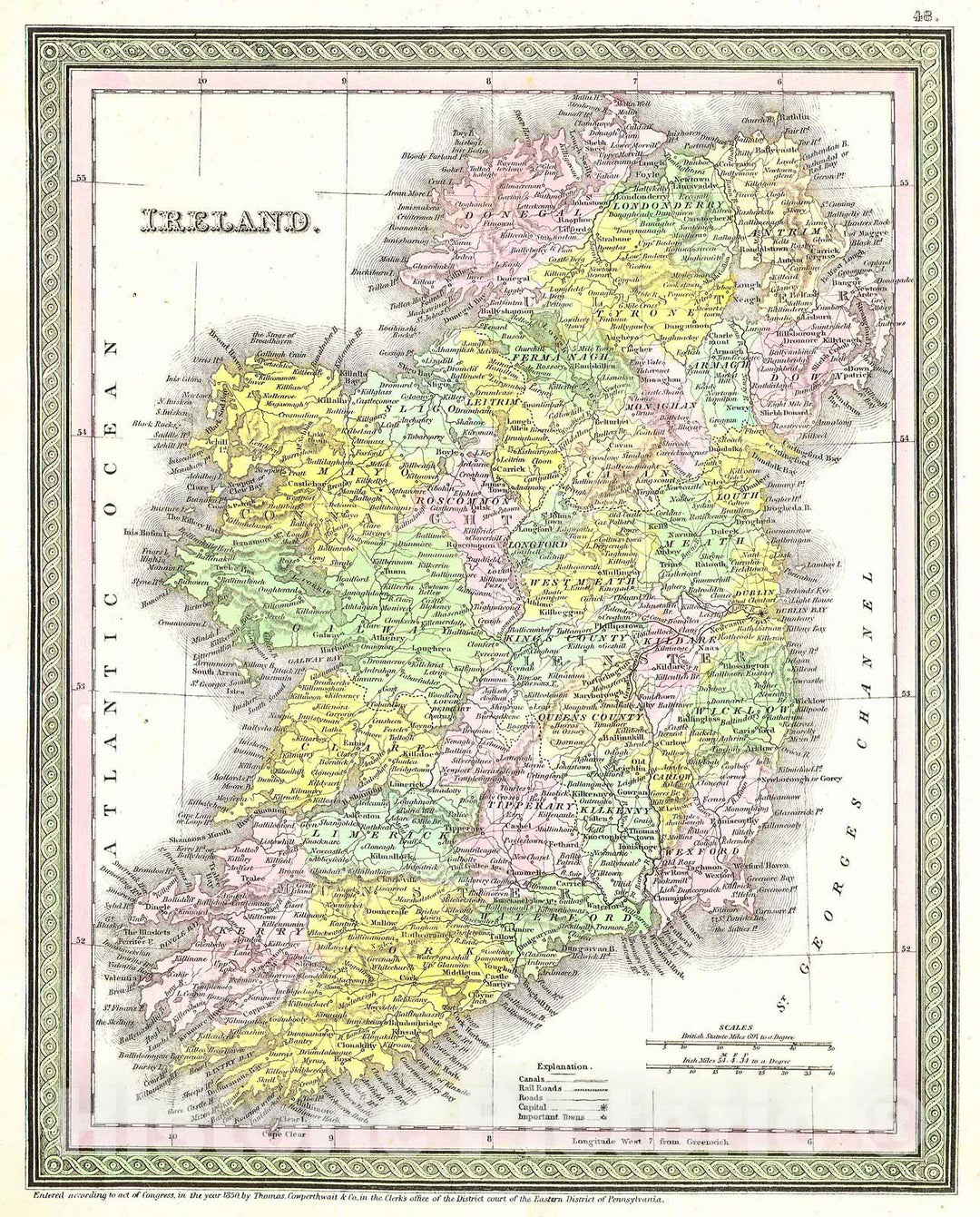 Historic Map : Mitchell and Cowperthwait Map of Ireland, 1850, Vintage Wall Art