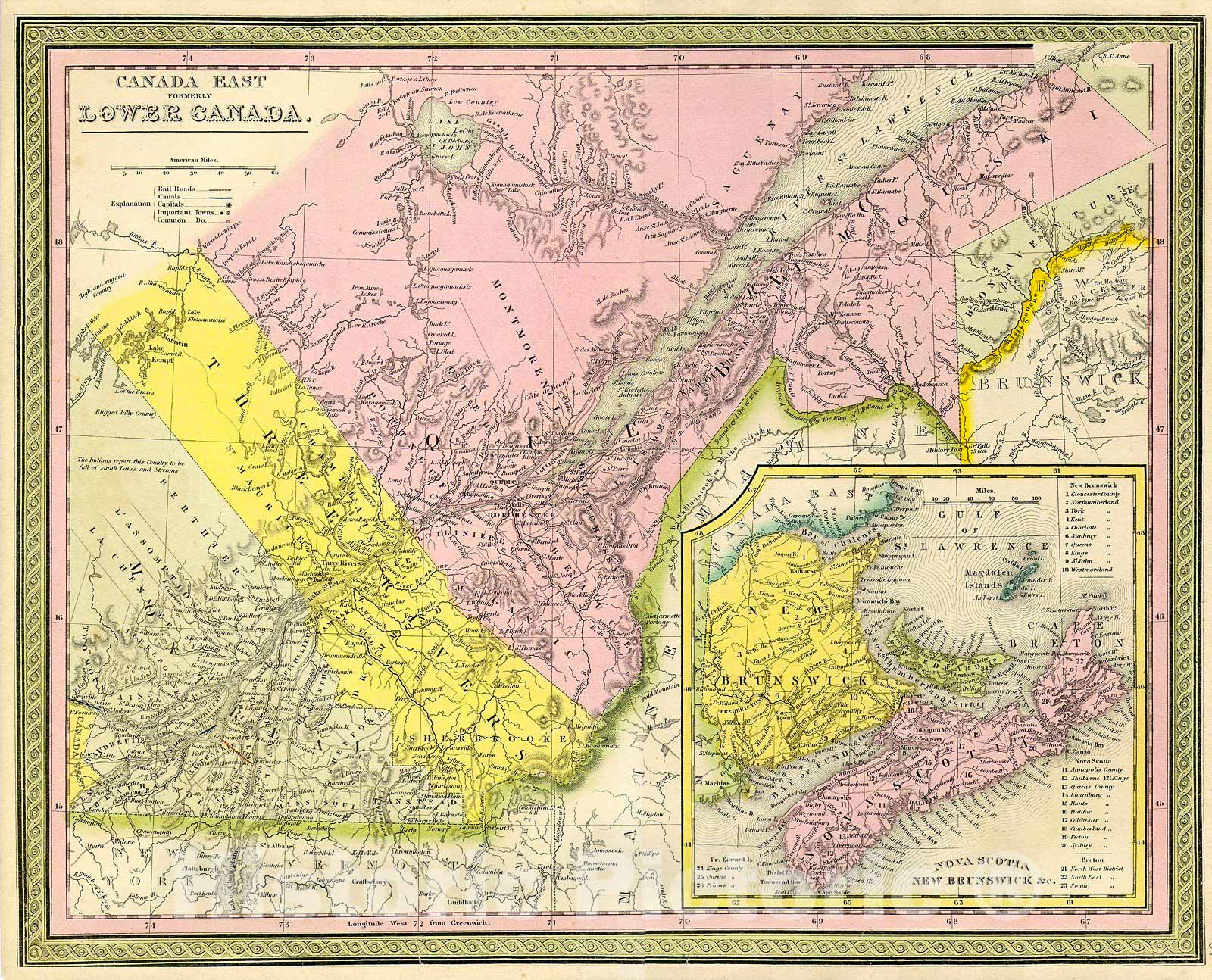 Historic Map : Mitchell Map of Eastern Canada Including Quebec , 1850, Vintage Wall Art