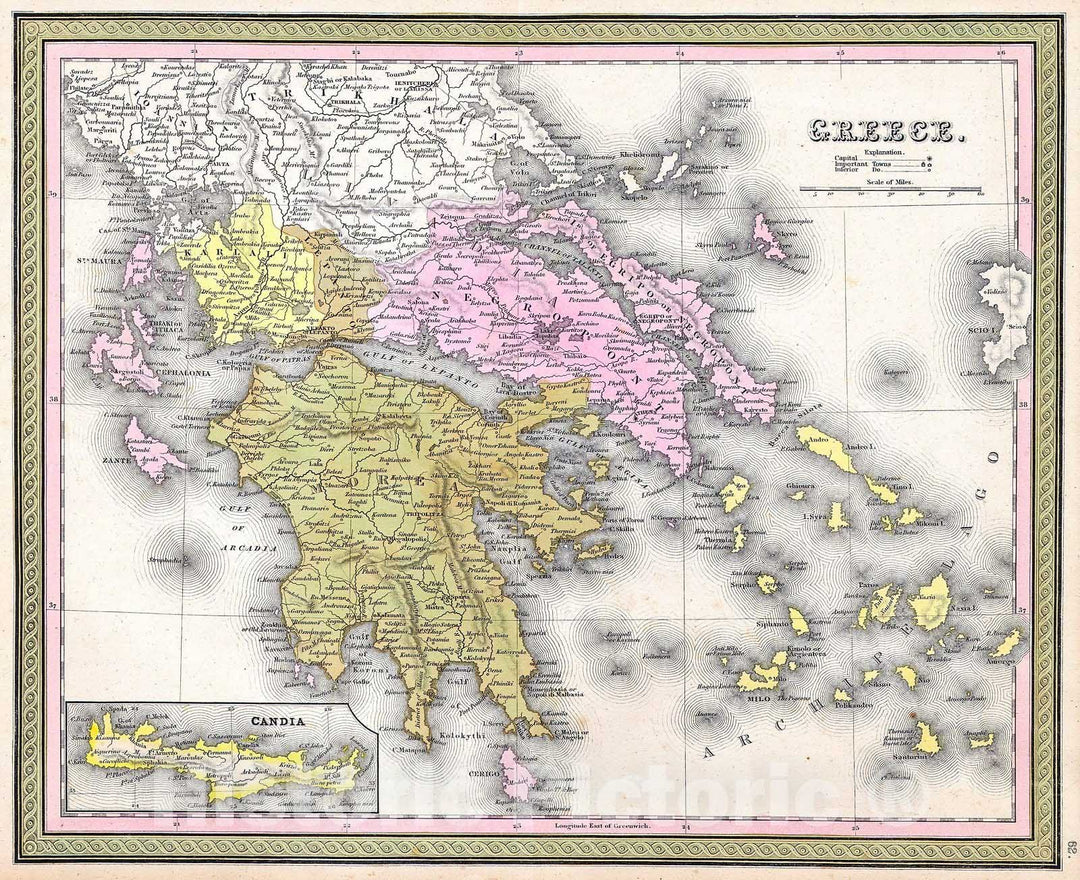 Historic Map : Mitchell Map of Greece , 1850, Vintage Wall Art