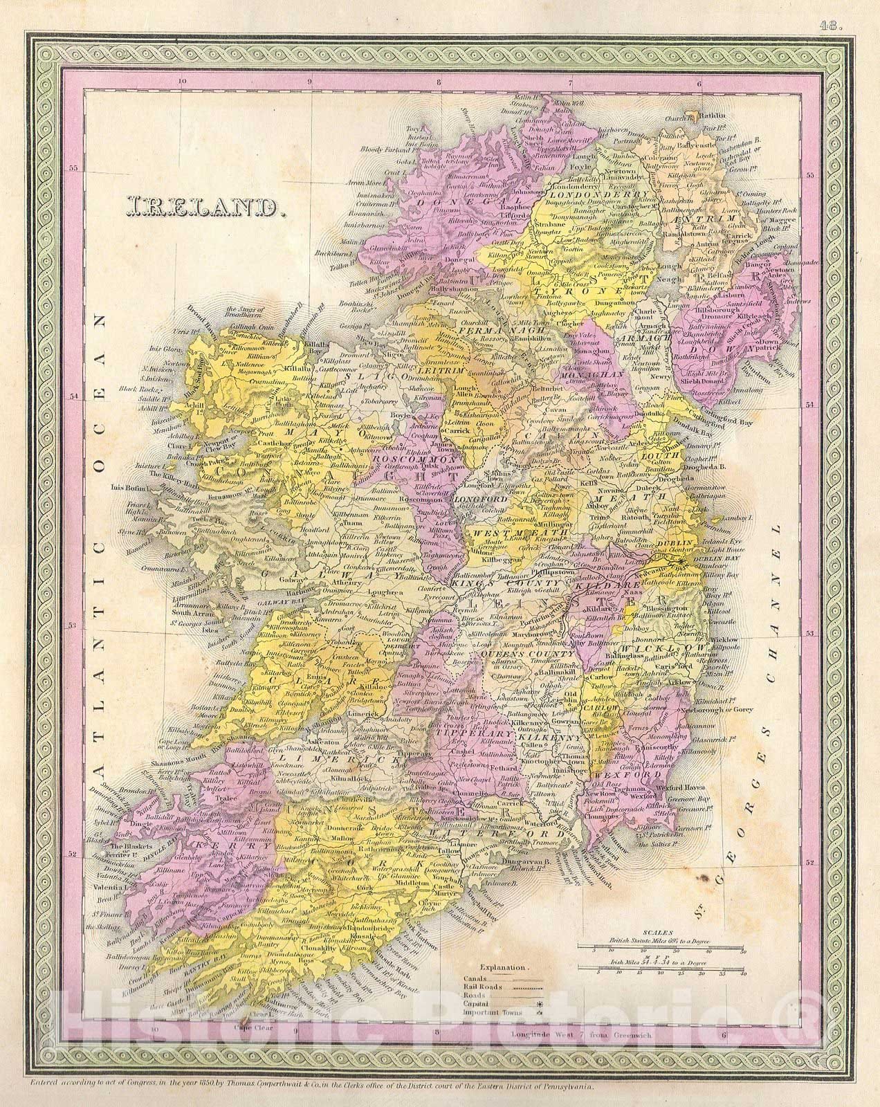 Historic Map : Mitchell Map of Ireland, 1850, Vintage Wall Art