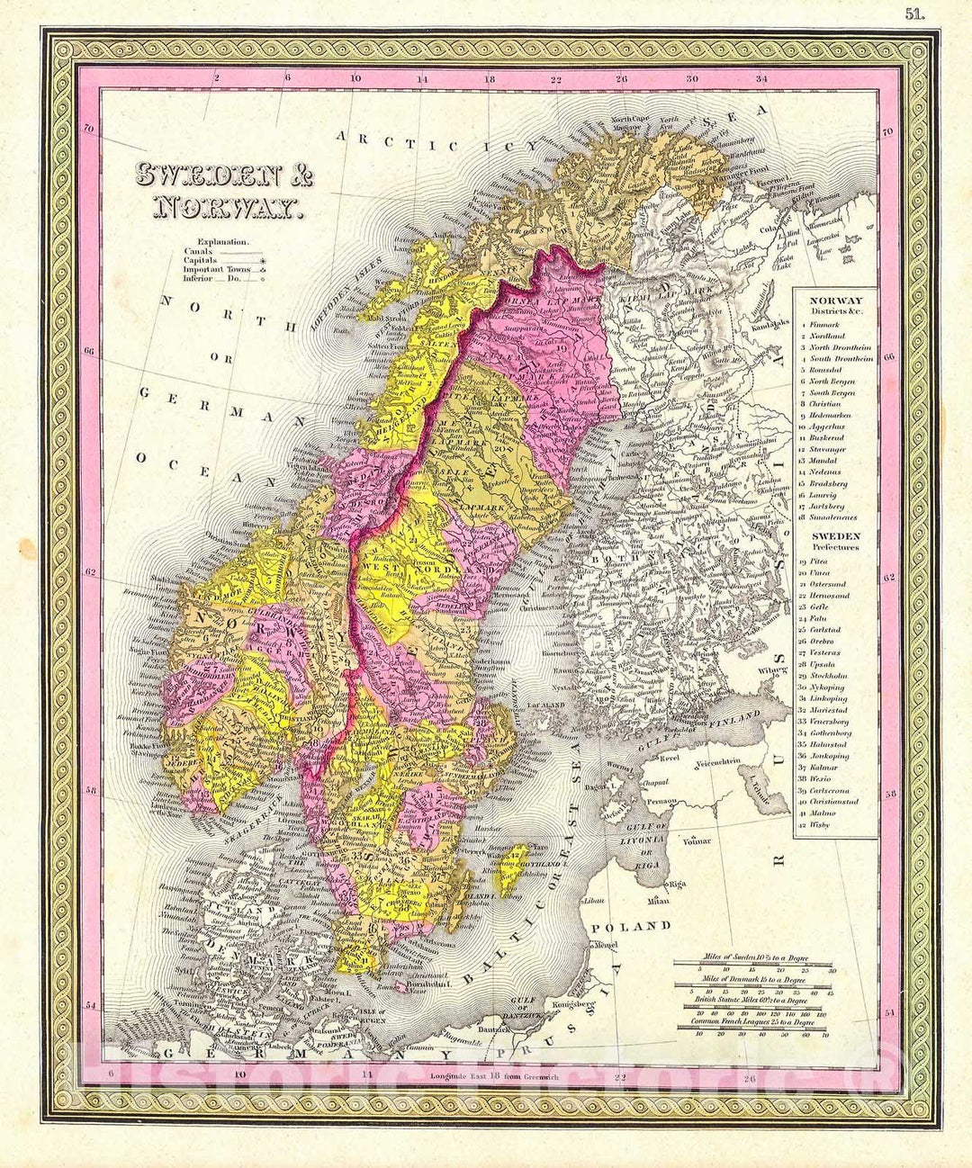 Historic Map : Mitchell Map of Sweden and Norway , 1850, Vintage Wall Art