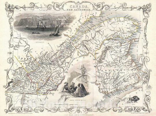 Historic Map : Tallis Map of East Canada or Quebec and New Brunswick, 1850, Vintage Wall Art