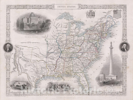 Historic Map : Tallis Map of The United States (Texas at Fullest Extent), 1850, Vintage Wall Art