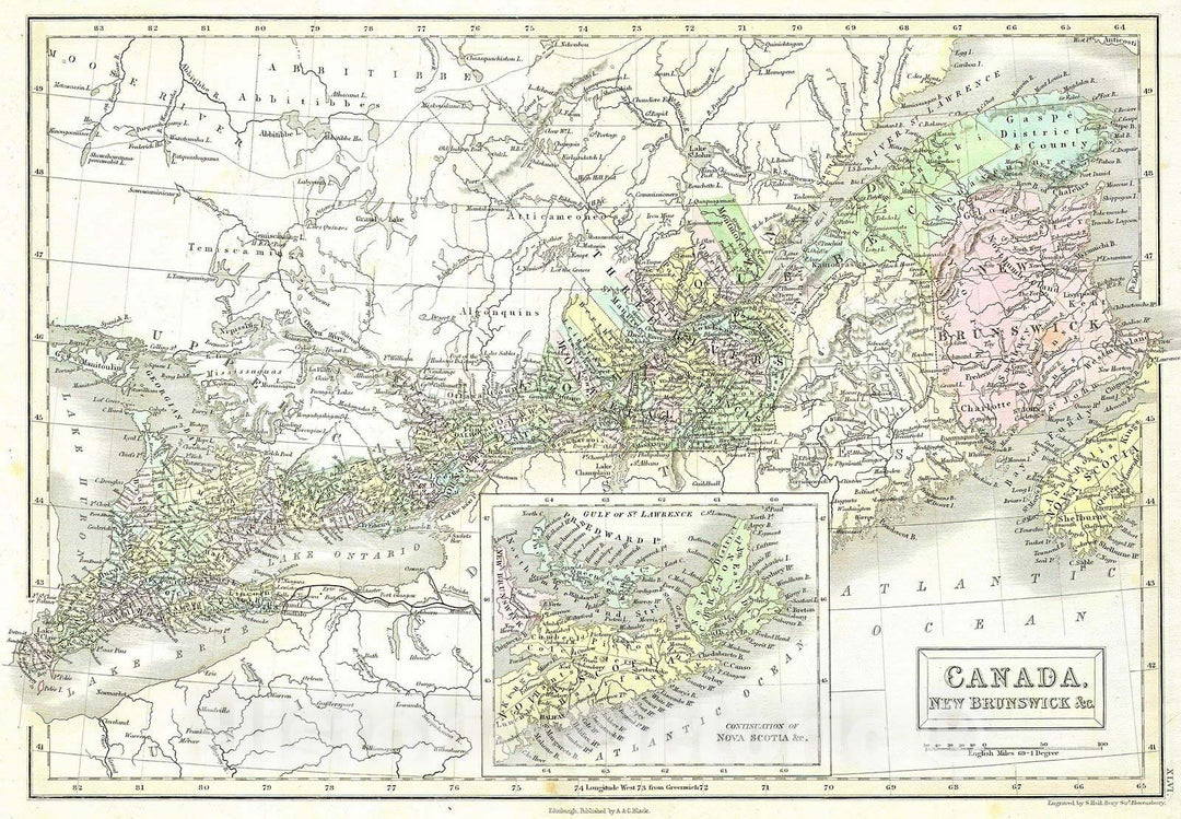 Historic Map : Black Map of Eastern Canada (Ontario, New Brunswick), 1851, Vintage Wall Art