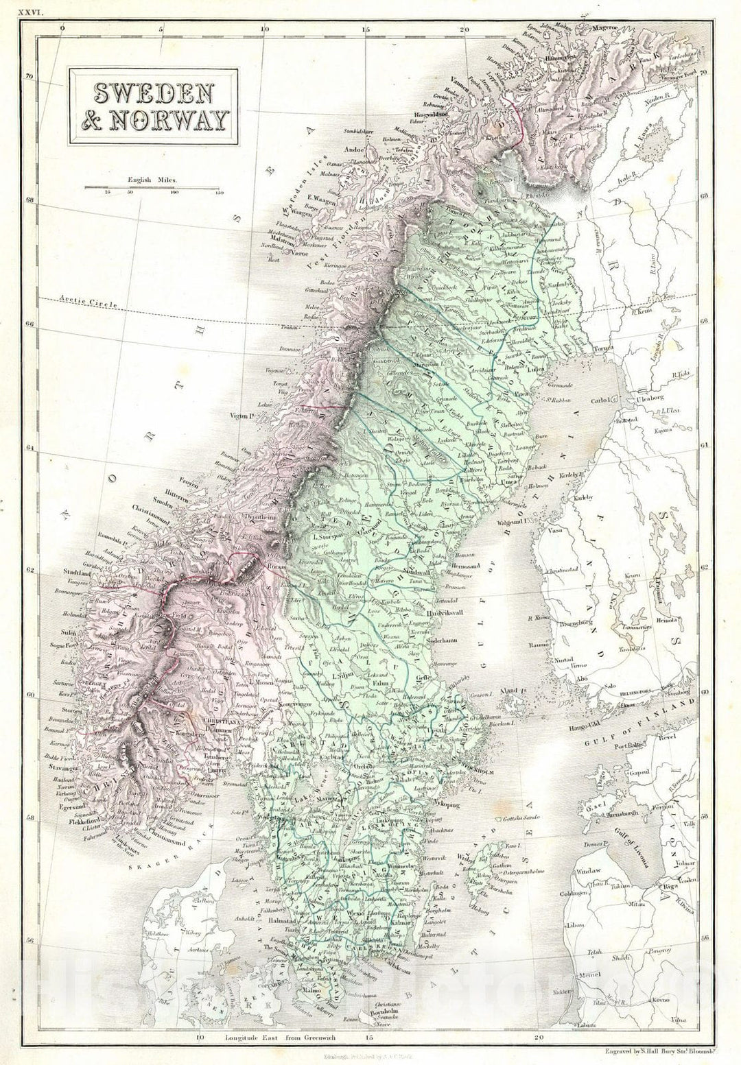 Historic Map : Black Map of Norway and Sweden (Scandinavia), 1851, Vintage Wall Art