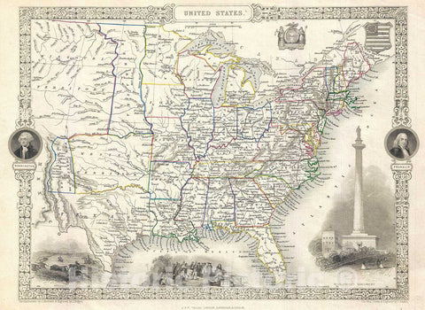 Historic Map : Tallis and Rapkin Map of The United States, 1851, Vintage Wall Art