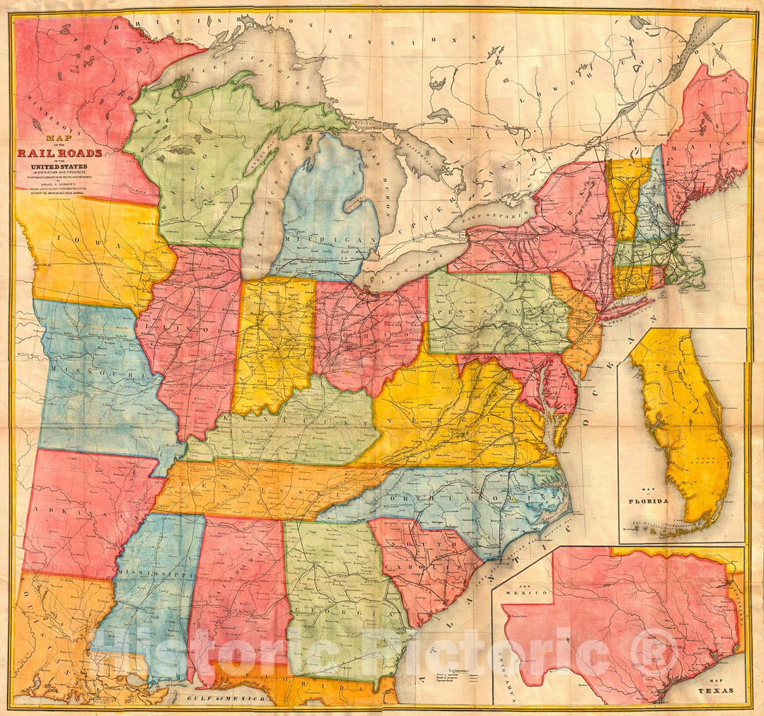 Historic Map : Andrews Railroad Map of The United States, 1852, Vintage Wall Art