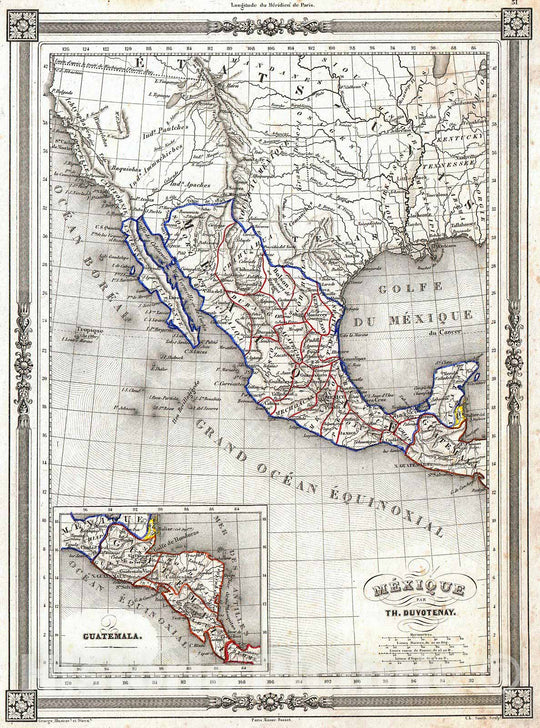 Historic Map : Duvotenay Map of Mexico (Includes Texas and Upper California) , 1852, Vintage Wall Art