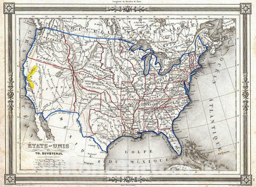 Historic Map : Duvotenay Map of The United States (Gold Rush), 1852, Vintage Wall Art