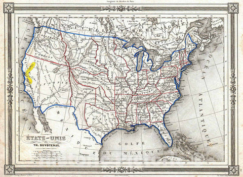 Historic Map : Duvotenay Map of The United States (Gold Rush), 1852, Vintage Wall Art