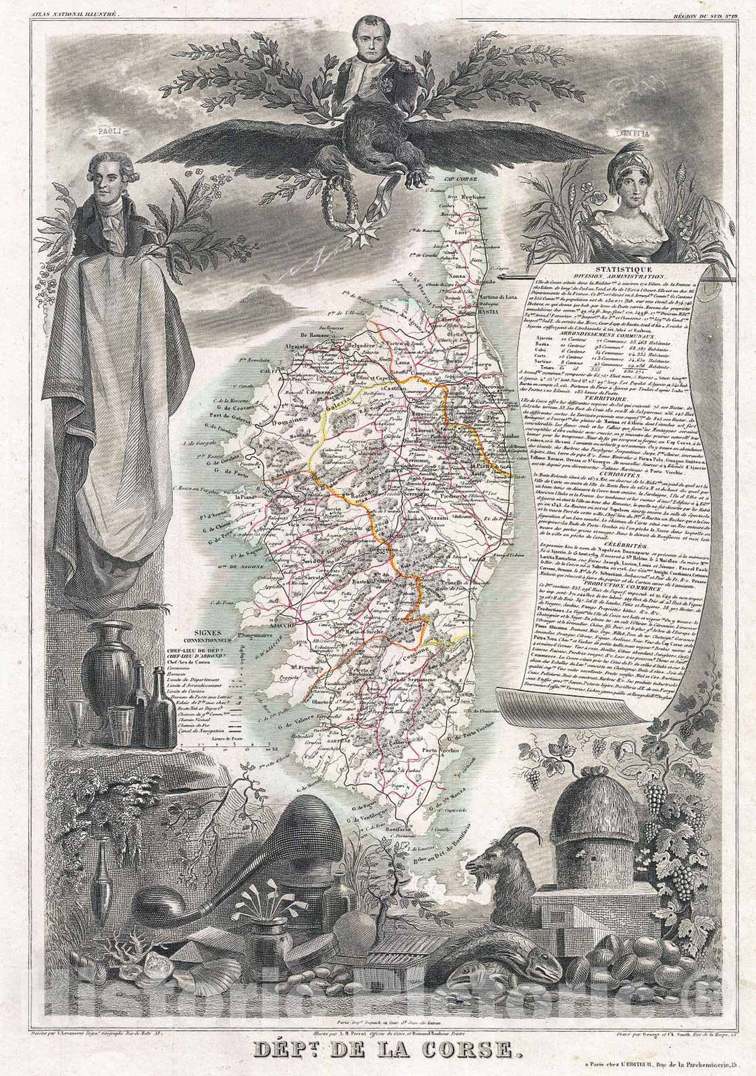 Historic Map : Levasseur Map of Corsica (La Corse), France, 1852, Vintage Wall Art