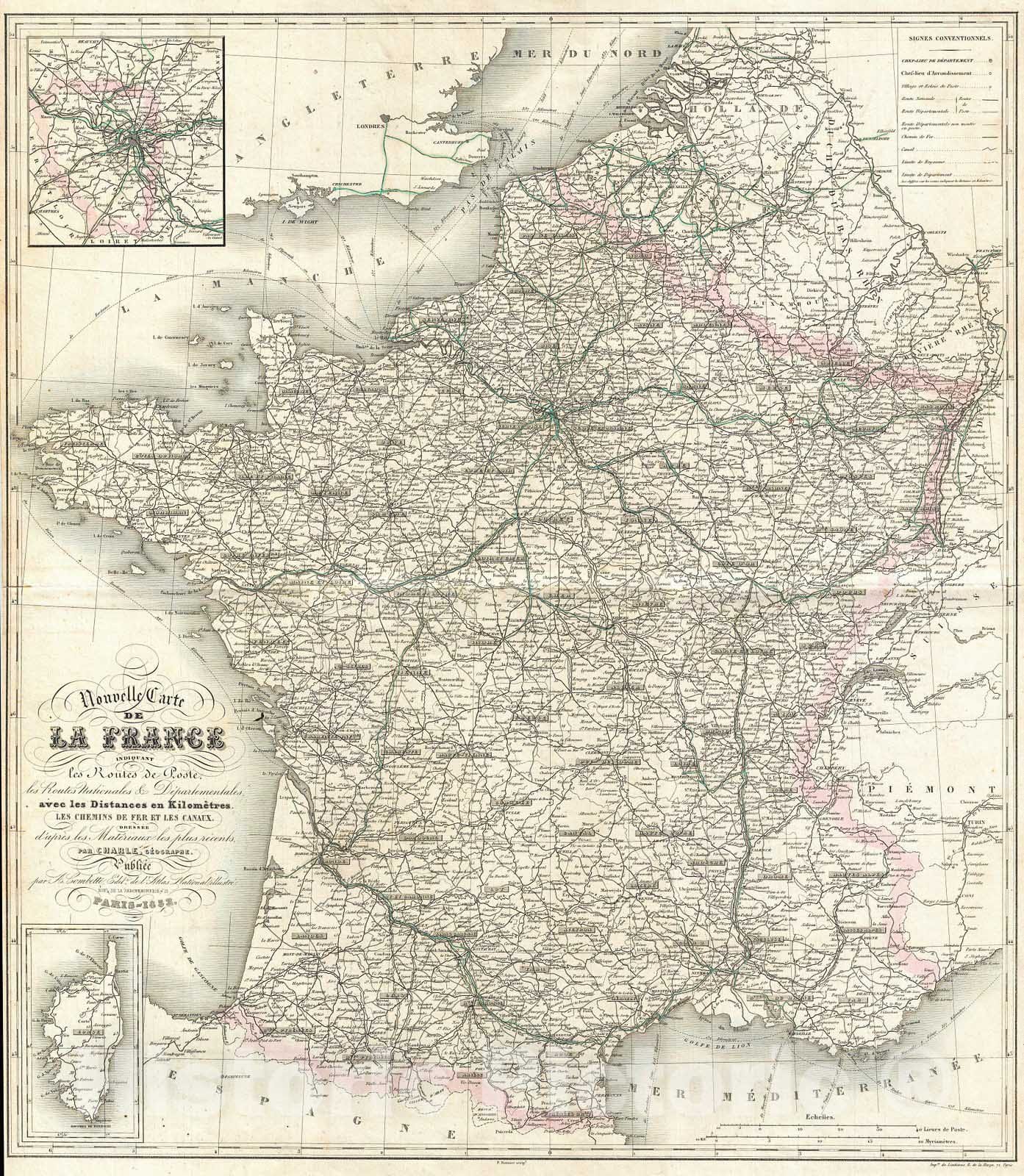 Historic Map : Levasseur Map of France , 1852, Vintage Wall Art