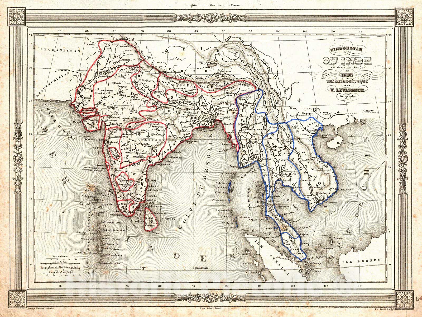 Historic Map : Levasseur Map of India and Southeast Asia, 1852, Vintage Wall Art