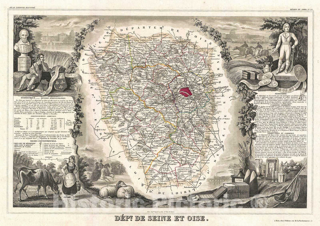 Historic Map : Levasseur Map of SeineetOise (Paris), 1852, Vintage Wall Art