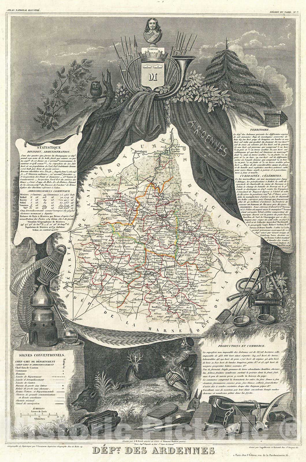 Historic Map : Levasseur Map of The Department Ardennes, France (Champagne Region), 1852, Vintage Wall Art