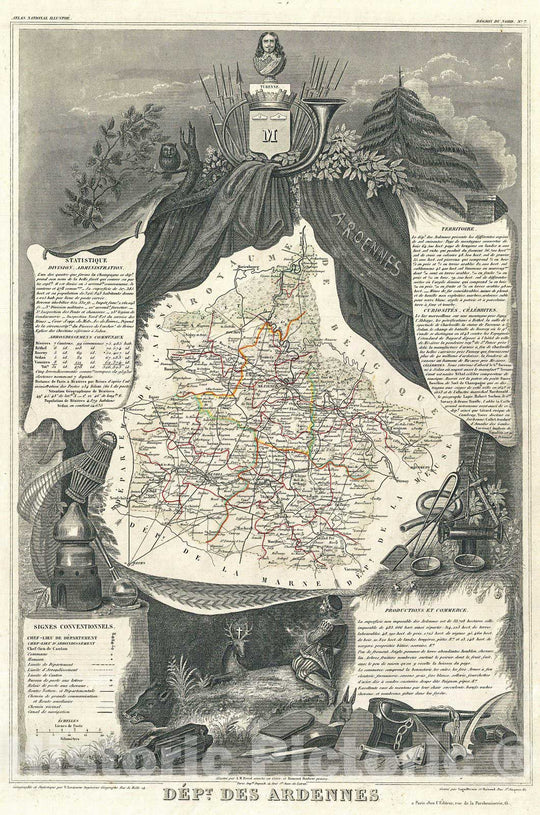 Historic Map : Levasseur Map of The Department Ardennes, France (Champagne Region), 1852, Vintage Wall Art