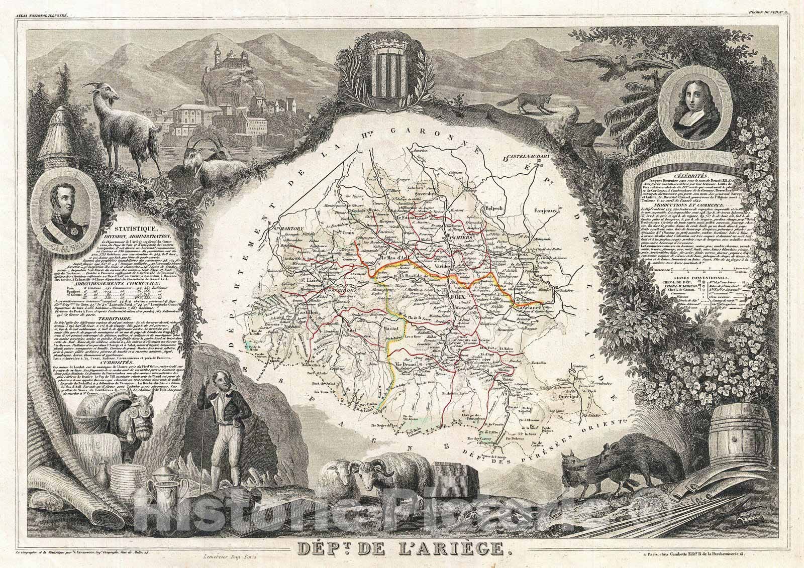 Historic Map : Levasseur Map of The Department Ariege, France (Bethmale, Bamalous, Moulis and Rogallai Cheese, 1852, Vintage Wall Art