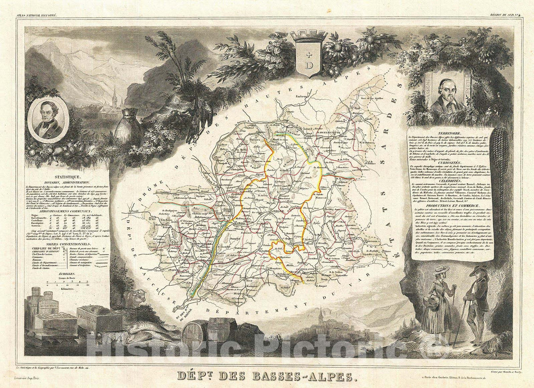 Historic Map : Levasseur Map of The Department BassesAlpes, France (Coteaux and Collines Rhodaniennes Region, 1852, Vintage Wall Art