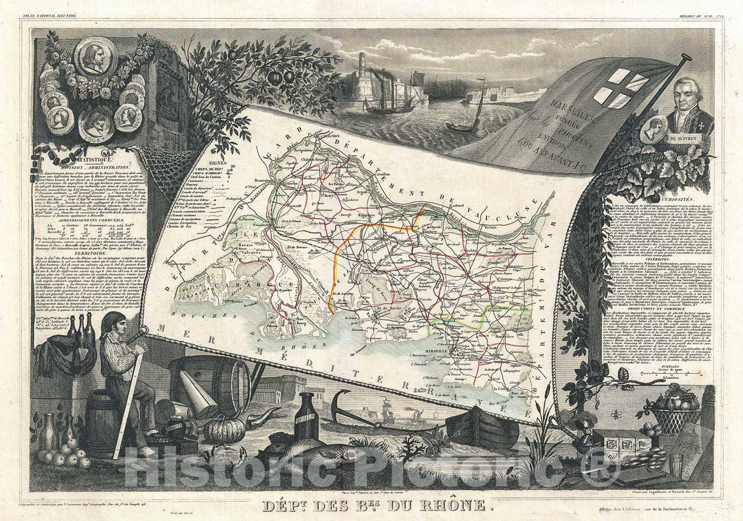 Historic Map : Levasseur Map of The Department BES Du Rhone, France, 1852, Vintage Wall Art