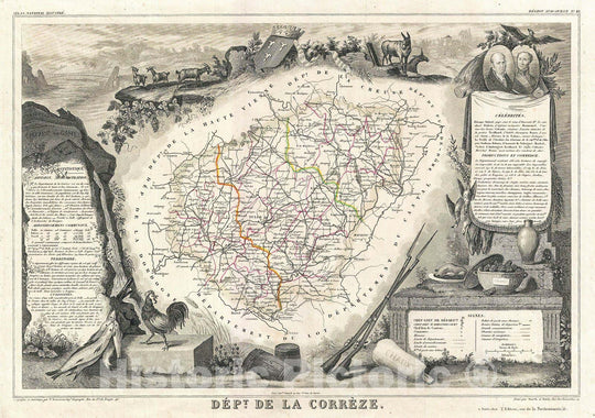 Historic Map : Levasseur Map of The Department Correze, France (Straw Wine Region), 1852, Vintage Wall Art