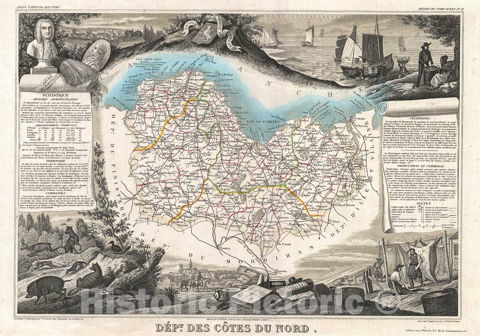 Historic Map : Levasseur Map of The Department Cotes Du Nord, Brittany, France, 1852, Vintage Wall Art