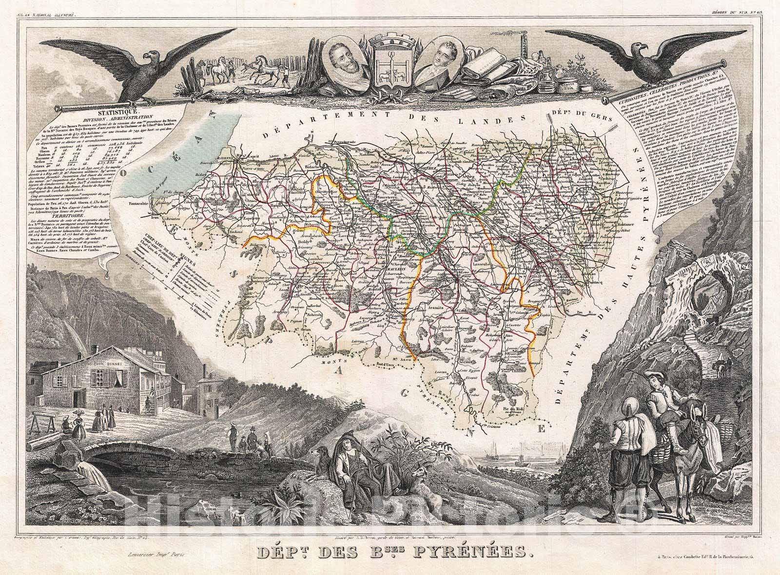 Historic Map : Levasseur Map of The Department Des Basses Pyrenees, France (Jurancon Wine Region), 1852, Vintage Wall Art