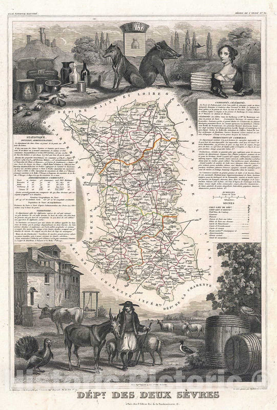 Historic Map : Levasseur Map of The Department Des Deux Sevres, France (Chabichou Cheese Region), 1852, Vintage Wall Art