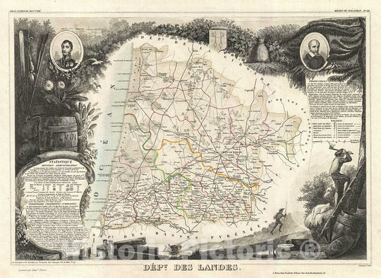 Historic Map : Levasseur Map of The Department des Landes, France, 1852, Vintage Wall Art