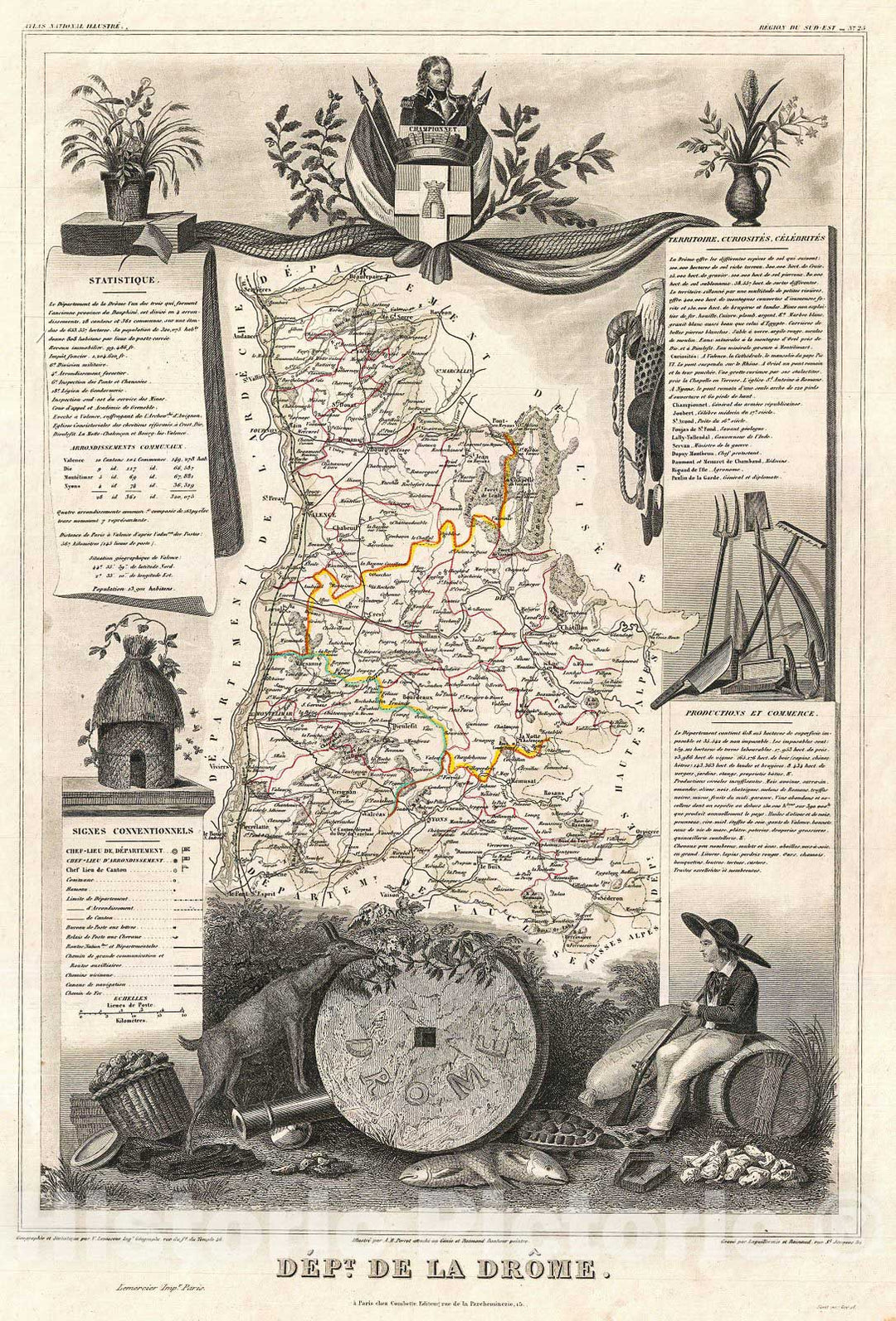 Historic Map : Levasseur Map of The Department de La Drome, France, 1852, Vintage Wall Art