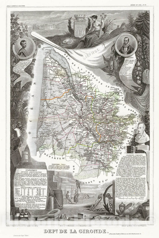 Historic Map : Levasseur Map of The Department de la Gironde (Bordeaux Wine Region), 1852, Vintage Wall Art