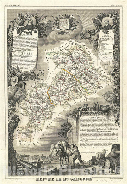 Historic Map : Levasseur Map of The Department de La HautesGaronne, France (Buzet Wine Region), 1852, Vintage Wall Art