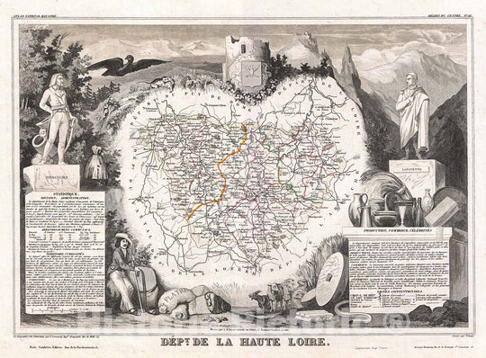 Historic Map : Levasseur Map of The Department De La Haute Loire, France (Loire Valley Region), 1852, Vintage Wall Art