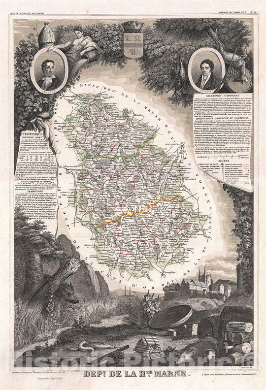 Historic Map : Levasseur Map of The Department De La Haute Marne, France (Champagne Wine Region), 1852, Vintage Wall Art