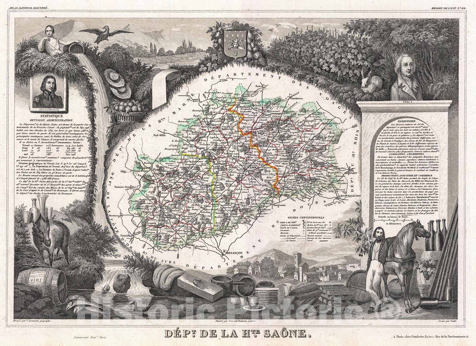 Historic Map : Levasseur Map of The Department De La Haute Saone, France (Burgundy or Bourgogne Wine Region), 1852, Vintage Wall Art