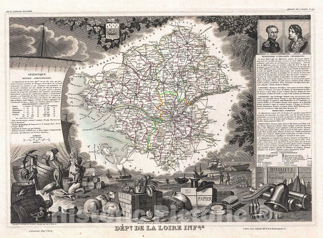 Historic Map : Levasseur Map of The Department De La Loire Inferieure, France (Wine Region), 1852, Vintage Wall Art