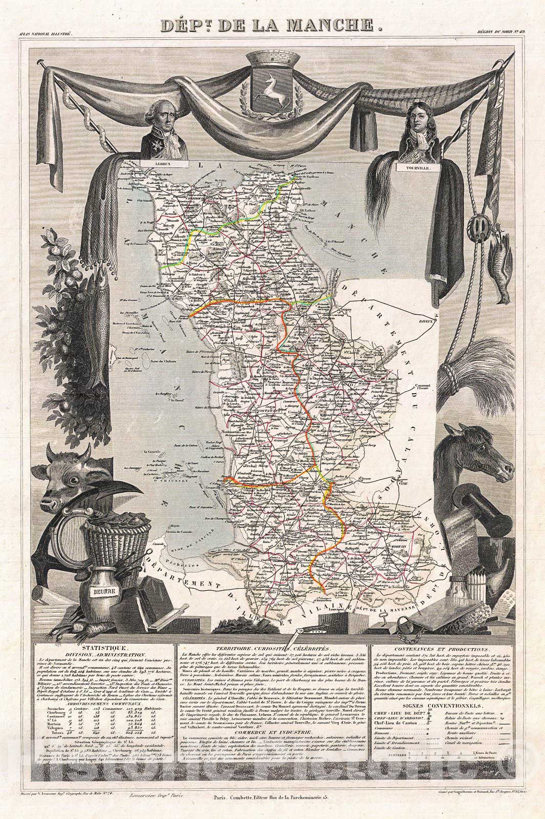 Historic Map : Levasseur Map of The Department De La Manche, France, 1852, Vintage Wall Art