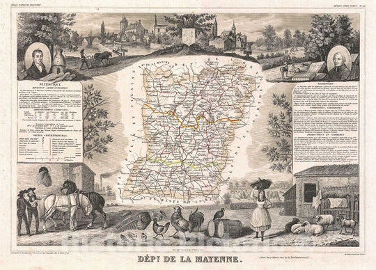 Historic Map : Levasseur Map of The Department De La Mayenne, France, 1852, Vintage Wall Art