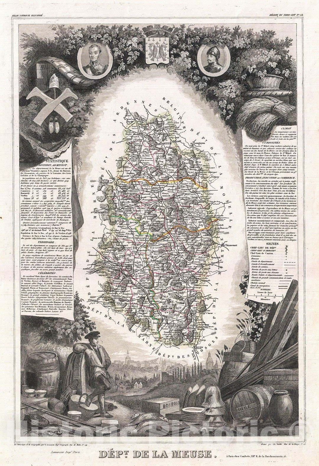 Historic Map : Levasseur Map of The Department De La Meuse, France (Brie Cheese Region), 1852, Vintage Wall Art