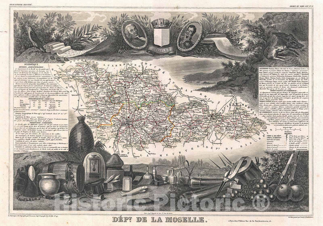 Historic Map : Levasseur Map of The Department De La Moselle, France, 1852, Vintage Wall Art